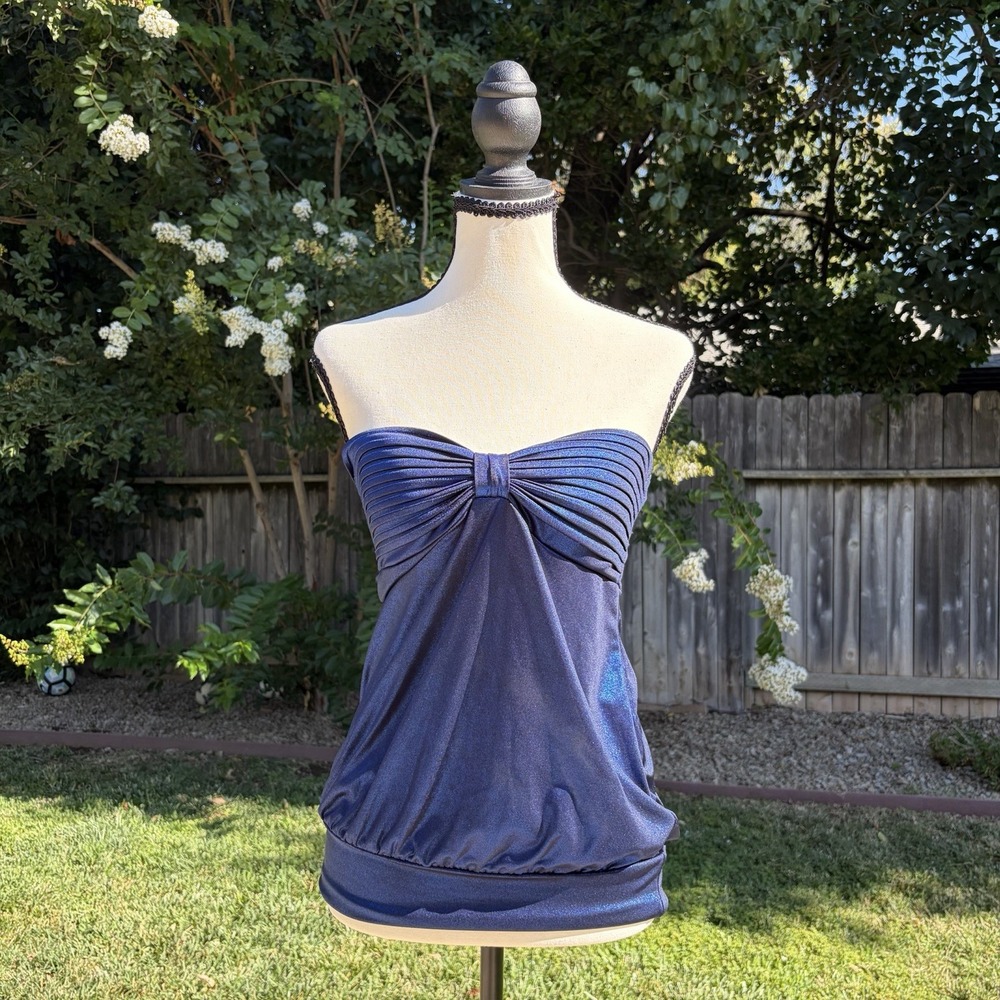 Vintage Y2K Club wear Tube Top Ruched Sparkly Blue Baddie Top Size M